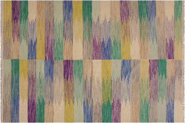Flat Weave Kilim, Antique, Navaho, Vintage, Handmade, Modern Kilim Ivory Purple Hand-Woven Rectangle 100% Wool Area Rug 6 x 8